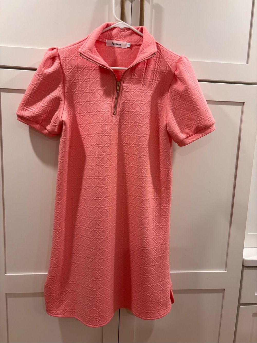 Pink Quilted Puff-Sleeve Kids Dress with Zip Collar
